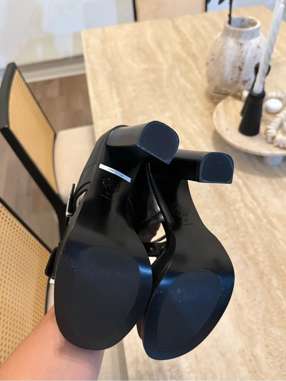 Alexander McQueen Black Leather Platform Buckle Heels